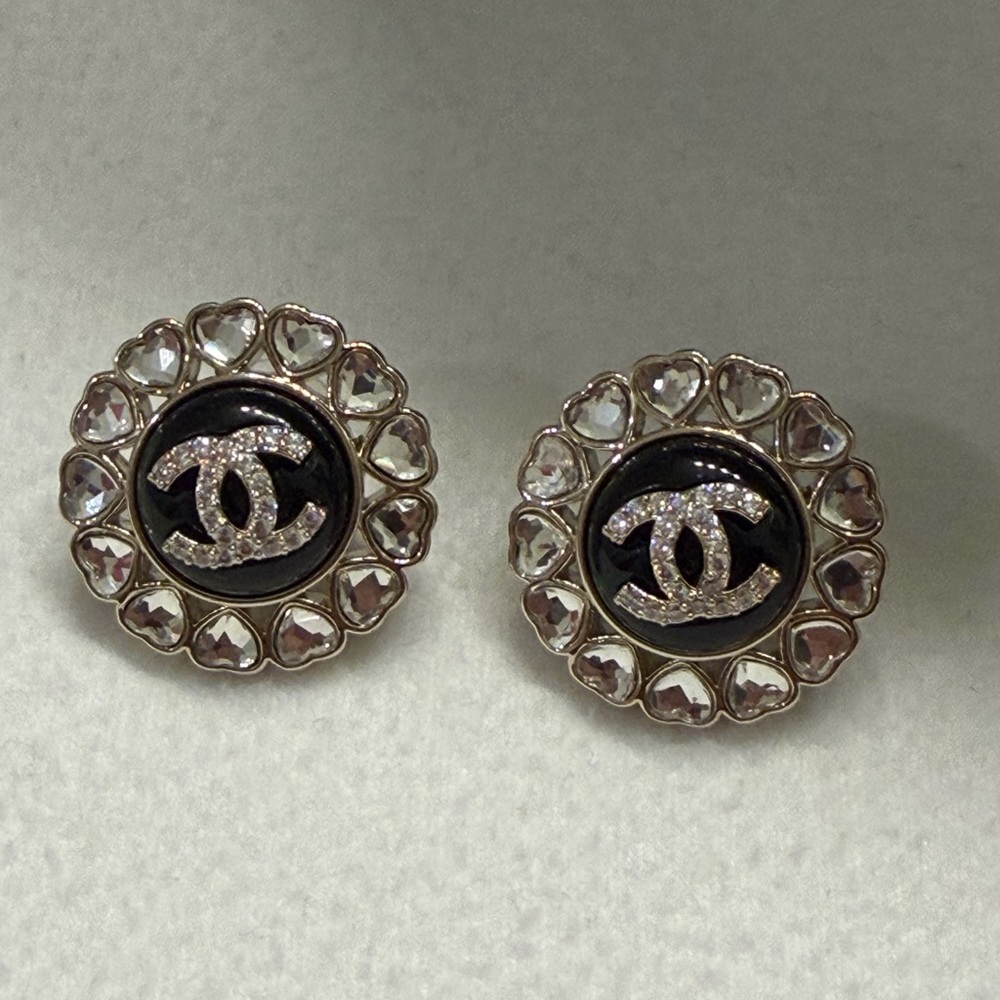 CHANEL Black and Gold CC Crystal Halo Stud Earrings